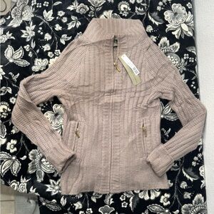 Elegant Beige Ply cashmere Cowl Neck zip up Sweater